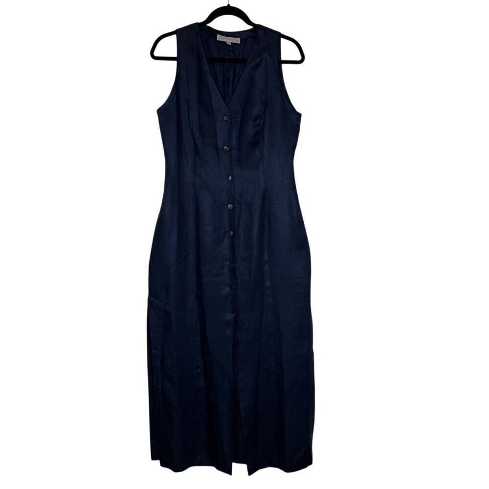 Emil Rutenberg Navy Linen 4 Panel Maxi Shirt Drs Sz L Old Money, Elegant, Simple